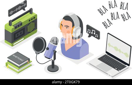 Composition isométrique rhétorique avec l'hôte radio féminin parlant dans l'ordinateur portable microphone et l'illustration vectorielle de livres Illustration de Vecteur