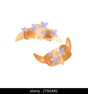 Set de cuisson : deux croissants pour le petit déjeuner. Illustration d'aquarelle isolée sur fond blanc. Clipart. Décor pour un tea party ou un style anglais par Banque D'Images