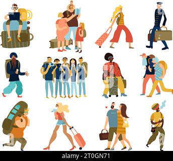 People Trips icônes isolées avec des groupes de dessins animés de touristes itinérants de différentes races et nationalités illustration vectorielle plate Illustration de Vecteur