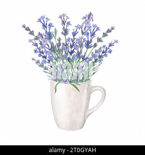 Bouquet de lavande dans une tasse en céramique blanche, peinte à l'aquarelle sur fond blanc. Illustration d'aquarelle florale. Idéal pour créer invitation Banque D'Images