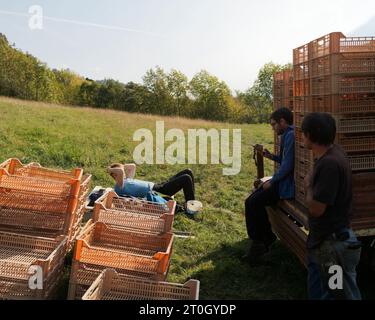 Les gens se détendent lors d'une pause dans une vendange aka Vendemmia à nus dans la vallée d'Aoste NW Italie, septembre 2023 Banque D'Images