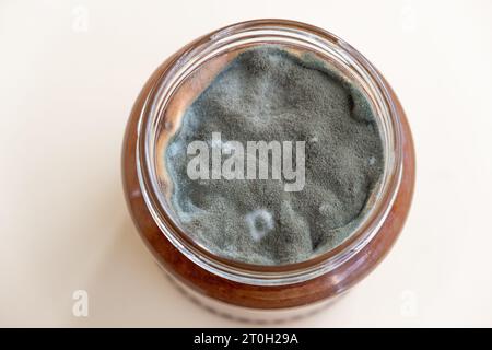 Ouvrez le bocal avec de la confiture sucrée et du moule sur un fond blanc. Banque D'Images