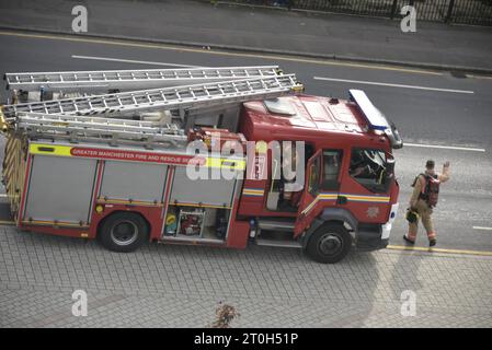 Le Greater Manchester Fire and Rescue a envoyé deux pompiers samedi matin à une alarme dans un immeuble résidentiel de 5 étages pour personnes âgées, nommé 'Brunswick Village', à Brunswick, Ardwick, South Manchester, ROYAUME-UNI. Depuis l'incendie de Grenfell à Londres, il y a eu une plus grande prise de conscience des risques d'incendie dans des tours comme celui-ci, en particulier lorsque les résidents sont plus âgés et peuvent ne pas être très mobiles par eux-mêmes. Un pompier a effectué un objet noir qui pourrait avoir été le siège du feu. Je ne sais pas encore ce qu'il s'agissait. Crédit : Terry Waller Banque D'Images