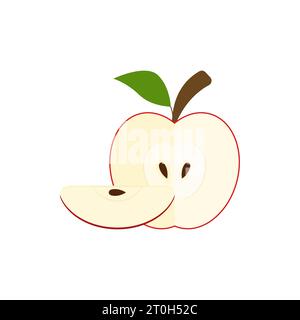 Demi pomme rouge et quart de pomme avec une graine à l'intérieur. Icône Apple avec une tranche, branche et feuille. Illustration vectorielle. Illustration de Vecteur