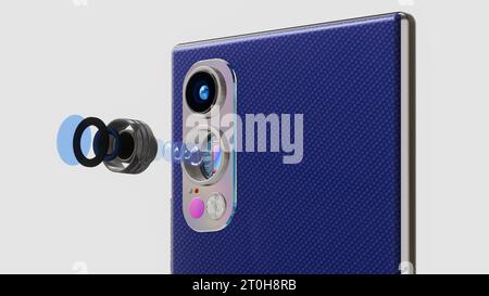 Smartphone avec double caméra - éléments optiques et capteur en vue éclatée, rotation rapprochée, rendu 3D. Banque D'Images
