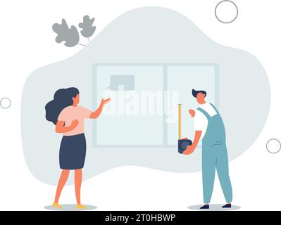Installation ou remplacement de fenêtres en plastique, service à la clientèle.worker fait la mesure de fenêtre.illustration vectorielle plate Illustration de Vecteur