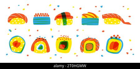 Logo sushi. Rouleau de saumon japonais, art asiatique japonais, affiche de nourriture traditionnelle avec du poisson pour le menu du restaurant. Eléments isolés abstraits. Fruits de mer recouverts de nori. Délicieux repas. Ensemble plat isolé par vecteur Illustration de Vecteur