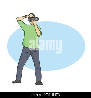 Photographe masculin utilisant un appareil photo reflex numérique pour prendre la photo sur le vecteur d'illustration d'espace blanc bleu dessiné à la main isolé sur fond blanc Illustration de Vecteur