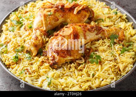 Cuisses de poulet rôti de style bengali avec oignons frits servis avec pilaf épicé en gros plan dans une assiette sur la table. Horizontal Banque D'Images