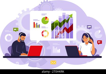 Analyse des données et concept marketing. Analystes de personnes travaillant avec des données sur le tableau de bord. Illustration vectorielle. Plat. Illustration de Vecteur