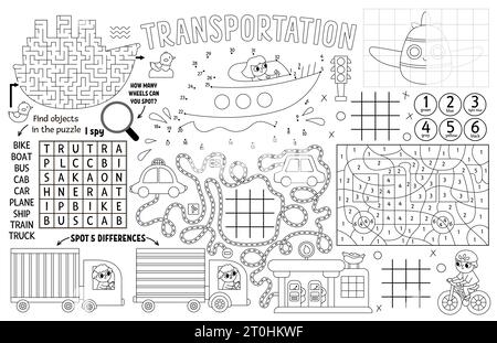 Set de table de transport vectoriel pour les enfants. Tapis d'activité imprimable de transport avec labyrinthe, TIC tac toe graphique, relier les points, trouver la différence. Noir et W Illustration de Vecteur