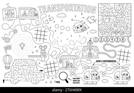 Set de table de transport vectoriel pour les enfants. Tapis d'activité imprimable de transport avec labyrinthe, TIC tac toe graphique, relier les points, trouver la différence. Noir et W Illustration de Vecteur