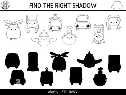 Les ombres noir et blanc de transport correspondent à l'activité. Puzzle de ligne de transport avec mignon Kawaii vue de face voiture, camion, bateau, avion, train. Trouver correct Illustration de Vecteur