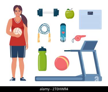 Femme vêtue de vêtements de sport. Gym, sport, fitness, équipement d'entraînement, jeux d'icônes. Tapis roulant, haltères, bracelet fitness, balle, baskets, saute Illustration de Vecteur