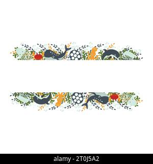 Un modèle de composition d'habitants marins et de plantes, idéal pour les cartes postales, impressions, invitations, cartes de voeux d'anniversaire. Bordure transparente. Vecteur il Illustration de Vecteur