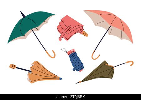 Parapluies fermés, ouverts et pliés de différentes couleurs Illustration de Vecteur