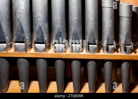 Détail d'un orgue portatif, Musée d'orgue Borgentreich, district de Höxter, Rhénanie du Nord-Westphalie, Allemagne, Europe Banque D'Images