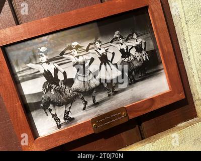 Photo de ballet encadrée en noir et blanc : cinq danseurs en tutus donnant des coups de pied élevés sur scène, plaque « Une PAIRE DE CHAUSSURES DE BALLET », exposition théâtrale du musée. Banque D'Images