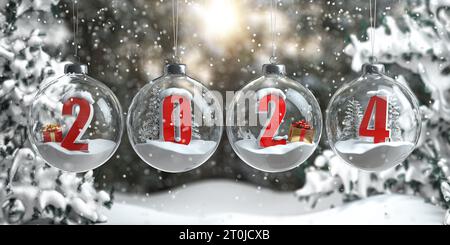 2023 Bonne Année. Numéros 2022 avec arbres de Noël, cadeaux et flocons de neige en boules ou boules de verre, décoration de la Saint-Sylvestre. 3d illustration Banque D'Images