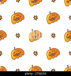 Modèle sans couture avec citrouilles Halloween. Lanterne orange Jack dessinée avec des visages sculptés en doodle Illustration de Vecteur