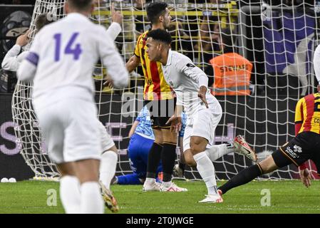 Bruxelles, Belgique. 07 octobre 2023. Mario Stroeykens d'Anderlecht célèbre après avoir marqué lors d'un match de football entre le RSC Anderlecht et KV Mechelen, le jour 10 de la 2023-2024 'Jupiler Pro League' première division du championnat belge, à Bruxelles, le samedi 07 octobre 2023. BELGA PHOTO LAURIE DIEFFEMBACQ crédit : Belga News Agency/Alamy Live News Banque D'Images