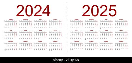 Grille de calendrier pour 2024 et 2025 ans. Modèle horizontal simple en langue russe. La semaine commence à partir du lundi. Illustration vectorielle isolée sur blanc Illustration de Vecteur
