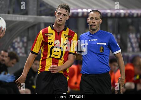 Bruxelles, Belgique. 07 octobre 2023. Le Lion Lauberbach de Malines semble abattu lors d'un match de football entre le RSC Anderlecht et KV Mechelen, le jour 10 de la 2023-2024 'Jupiler Pro League' première division du championnat belge, à Bruxelles, le samedi 07 octobre 2023. BELGA PHOTO LAURIE DIEFFEMBACQ crédit : Belga News Agency/Alamy Live News Banque D'Images