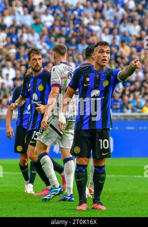 Milan, Italie. 07 octobre 2023. Lautaro Martinez (10) de l'Inter vu lors du match de Serie A entre l'Inter et Bologne à Giuseppe Meazza à Milan. (Crédit photo : Gonzales photo/Alamy Live News Banque D'Images