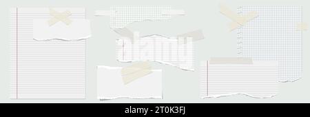 Feuille entière doublée de papier et morceaux déchirés avec des adges déchirés. Note doublée. Morceaux de papier pour bloc-notes avec du ruban adhésif collé sur gris. Maquette vierge pour le texte de Illustration de Vecteur