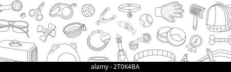 Bannière de fournitures PET. Animaux accessoires fond horizontal. Jouet à mâcher, médaille, ciseaux, tondeuse, brosse, enlèvement de fourrure, aquarium, porte-sac à dos Illustration de Vecteur