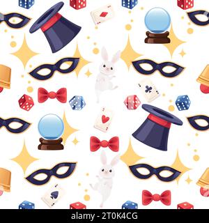 Modèle sans couture des outils magiques rétro classiques - baguette, chapeau, arc, carte à jouer et autres illustration vectorielle de conception de dessin animé simple sur fond blanc Illustration de Vecteur