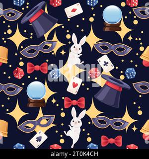 Modèle sans couture des outils magiques rétro classiques - baguette, chapeau, arc, carte à jouer et autres illustration vectorielle de conception de dessin animé simple sur fond sombre Illustration de Vecteur