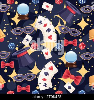 Modèle sans couture des outils magiques rétro classiques - baguette, chapeau, arc, carte à jouer et autres illustration vectorielle de conception de dessin animé simple sur fond sombre Illustration de Vecteur