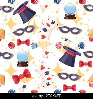 Modèle sans couture des outils magiques rétro classiques - baguette, chapeau, arc, carte à jouer et autres illustration vectorielle de conception de dessin animé simple sur fond blanc Illustration de Vecteur