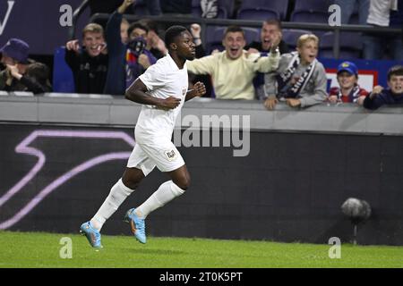 Bruxelles, Belgique. 07 octobre 2023. Francis Amuzu d'Anderlecht célèbre après avoir marqué le but de 3 à 1 lors d'un match de football entre le RSC Anderlecht et KV Mechelen, le jour 10 de la première division du championnat de Belgique 2023-2024 'Jupiler Pro League', à Bruxelles, le samedi 07 octobre 2023. BELGA PHOTO LAURIE DIEFFEMBACQ crédit : Belga News Agency/Alamy Live News Banque D'Images