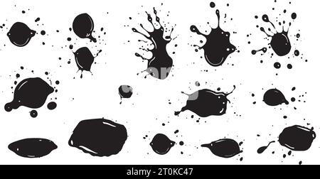 Ensemble de formes vectorielles. MEGA pack de différents coups de pinceau : éclaboussures d'encre noire, blots, dessins ronds à main levée, lignes grungy dessinées, vagues, cercle Illustration de Vecteur