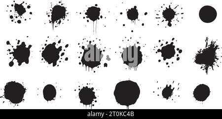Ensemble de formes vectorielles. MEGA pack de différents coups de pinceau : éclaboussures d'encre noire, blots, dessins ronds à main levée, lignes grungy dessinées, vagues, cercle Illustration de Vecteur