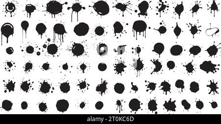 Ensemble de formes vectorielles. MEGA pack de différents coups de pinceau : éclaboussures d'encre noire, blots, dessins ronds à main levée, lignes grungy dessinées, vagues, cercle Illustration de Vecteur