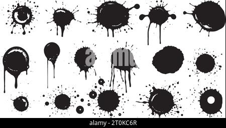 Ensemble de formes vectorielles. MEGA pack de différents coups de pinceau : éclaboussures d'encre noire, blots, dessins ronds à main levée, lignes grungy dessinées, vagues, cercle Illustration de Vecteur