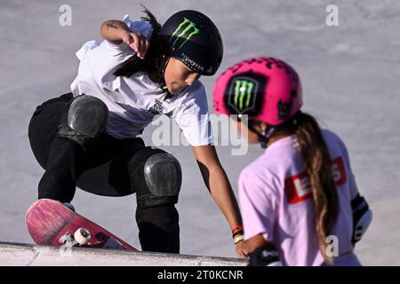 Lido Di Ostia, Rome, Italie. 07 octobre 2023. Isadora Pacheco, brésilienne, participe aux demi-finales du Championnat du monde féminin de Skateboarding Park 2023, une épreuve de qualification pour les Jeux Olympiques de Paris, au Spot Skatepark à Lido di Ostia, Rome, Italie, le 7 octobre 2023. Isadora Pacheco s'est classée 10e. Crédit : Insidefoto di andrea staccioli/Alamy Live News Banque D'Images