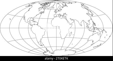 Carte du monde simplifiée avec grille de latitude et de longitude. Projection Aitoff. Terre blanche avec trait noir. Illustration vectorielle. Illustration de Vecteur