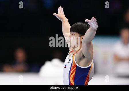 Anvers, Belgique. 7 octobre 2023. Carlos Edriel Yulo (PHI), le 7 octobre 2023 - gymnastique artistique : Championnats du monde de gymnastique artistique 2023, finale de l'exercice au sol Apparatu masculin au Sportpaleis Antwerpen à Anvers, Belgique. Crédit : MATSUO.K/AFLO SPORT/Alamy Live News Banque D'Images