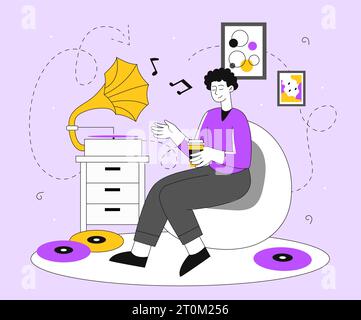 Homme écoutant la ligne de vecteur vinyle vintage Illustration de Vecteur