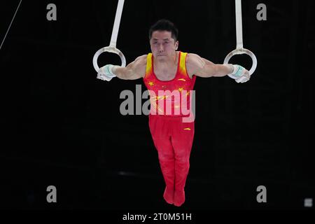 Anvers, Belgique. 7 octobre 2023. You Hao, de Chine, participe à la finale des anneaux masculins des Championnats du monde de gymnastique artistique 2023 à Anvers, Belgique, le 7 octobre 2023. Crédit : Zheng Huansong/Xinhua/Alamy Live News Banque D'Images