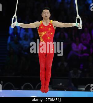 Anvers, Belgique. 7 octobre 2023. You Hao, de Chine, participe à la finale des anneaux masculins des Championnats du monde de gymnastique artistique 2023 à Anvers, Belgique, le 7 octobre 2023. Crédit : Zhao Dingzhe/Xinhua/Alamy Live News Banque D'Images