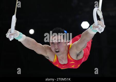 Anvers, Belgique. 7 octobre 2023. You Hao, de Chine, participe à la finale des anneaux masculins des Championnats du monde de gymnastique artistique 2023 à Anvers, Belgique, le 7 octobre 2023. Crédit : Zheng Huansong/Xinhua/Alamy Live News Banque D'Images