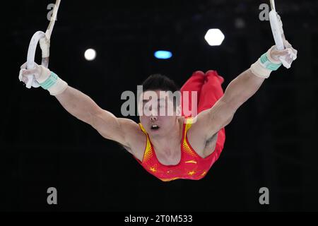 Anvers, Belgique. 7 octobre 2023. You Hao, de Chine, participe à la finale des anneaux masculins des Championnats du monde de gymnastique artistique 2023 à Anvers, Belgique, le 7 octobre 2023. Crédit : Zheng Huansong/Xinhua/Alamy Live News Banque D'Images