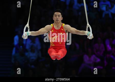 Anvers, Belgique. 7 octobre 2023. You Hao, de Chine, participe à la finale des anneaux masculins des Championnats du monde de gymnastique artistique 2023 à Anvers, Belgique, le 7 octobre 2023. Crédit : Zhao Dingzhe/Xinhua/Alamy Live News Banque D'Images