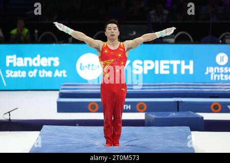 Anvers, Belgique. 7 octobre 2023. You Hao, de Chine, participe à la finale des anneaux masculins des Championnats du monde de gymnastique artistique 2023 à Anvers, Belgique, le 7 octobre 2023. Crédit : Zhao Dingzhe/Xinhua/Alamy Live News Banque D'Images