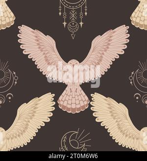 Hiboux de texture plate vectorielle avec des ailes écartées et totem Boho sur fond sombre. Motif décoratif sans couture avec des oiseaux volants et des symboles sacrés. Mystic Illustration de Vecteur
